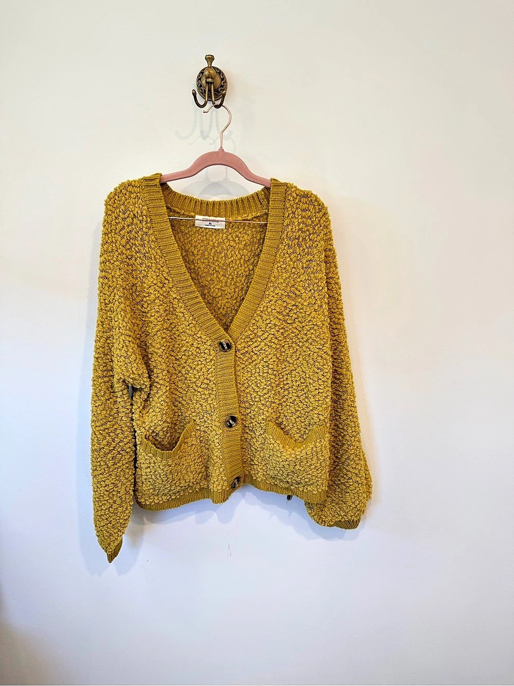 ZENANA Long Sleeve Popcorn Sweater Cardigan with Pockets Bright Mustard Yellow